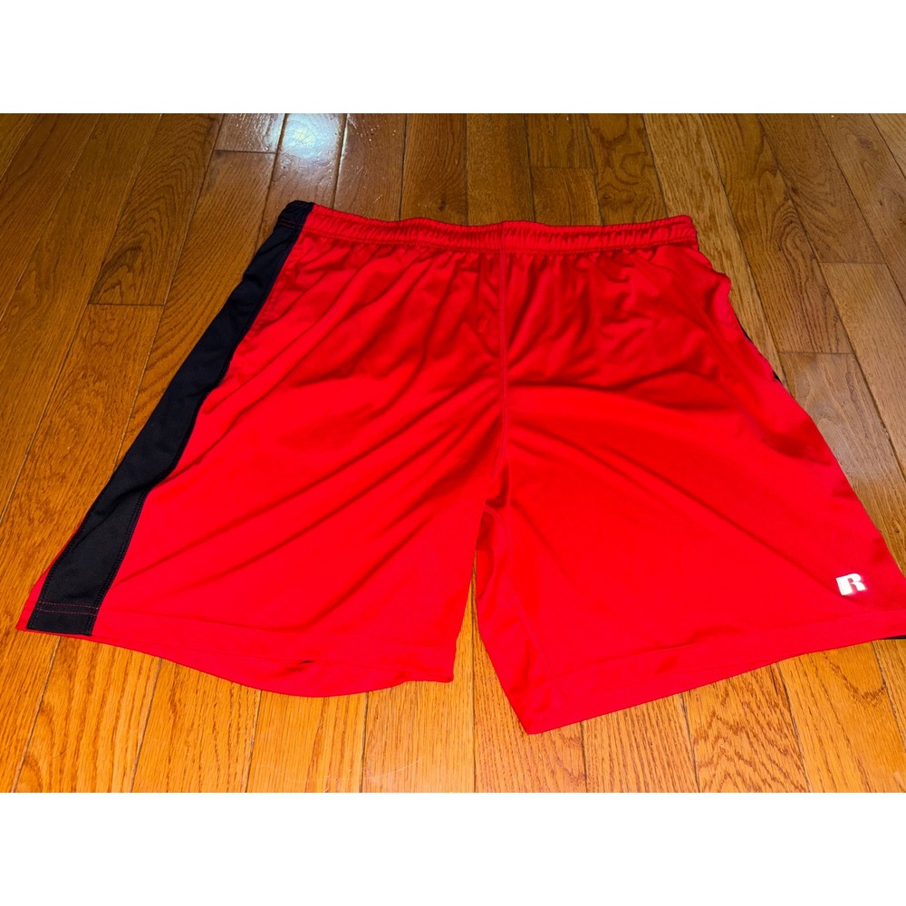 Russell Athletic Mens XL Red Black Side Stripe Performance Gym Shorts Drawstring